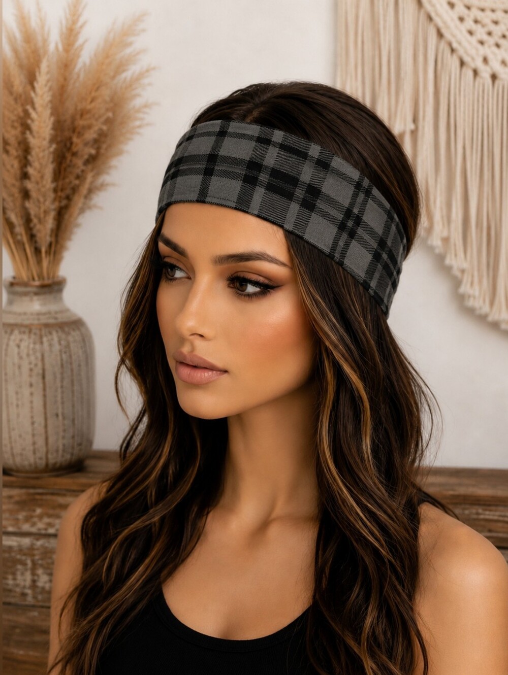 Gray Plaid Wide Stretch Headband
